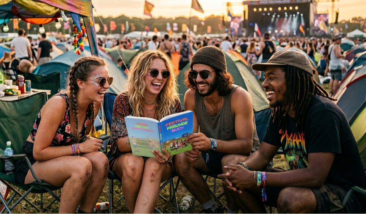 Freunde schauen gemeinsam lachend ins Festival Freunde Buch bei Sonnenuntergang