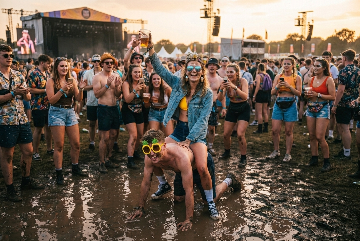 Ausgelassene Festival-Crew feiert im Schlamm vor der Bühne