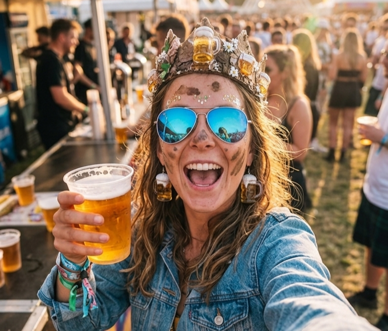 Paula Ner mit Bierkrug-Krone und Bier in der Hand auf dem Festival