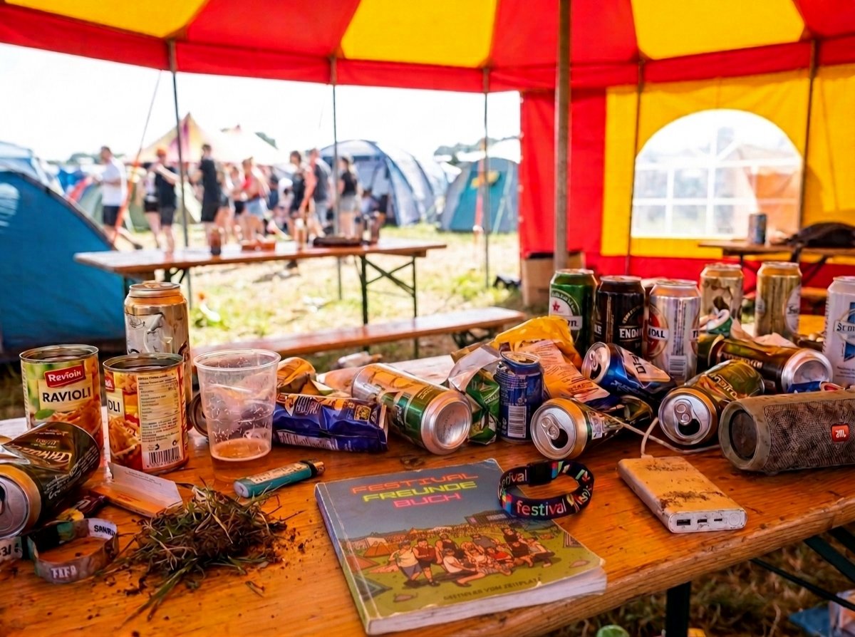 Festival Freunde Buch liegt auf einem Biertisch zwischen Dosen und Festivalbändern