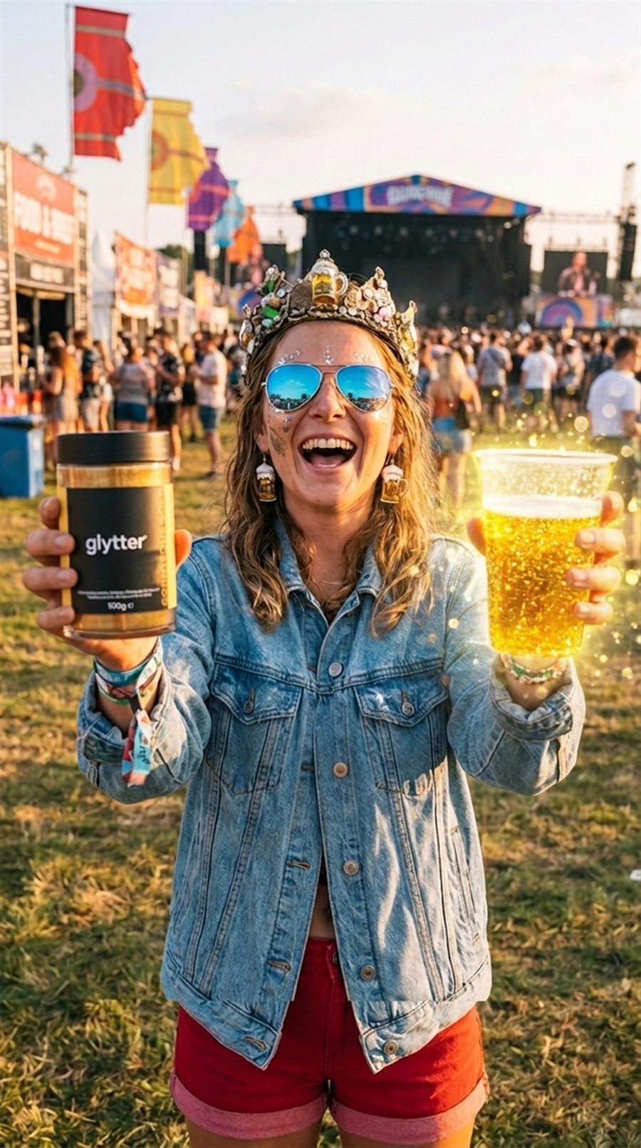 Paula Ner hält goldenes Glitzer-Bier und glytter Dose